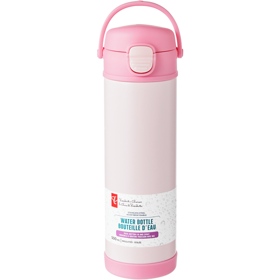 President's Choice Stainless Steel Push-Button Lid Water Bottle - Pink 1 ea, $20.00/1ea
