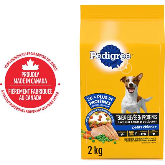 Pedigree Nourriture sèche pour chiens adultes Petits chiens+ Teneur élevée en protéines saveur de poulet et de légumes 2 kg, 0,60 $/100g