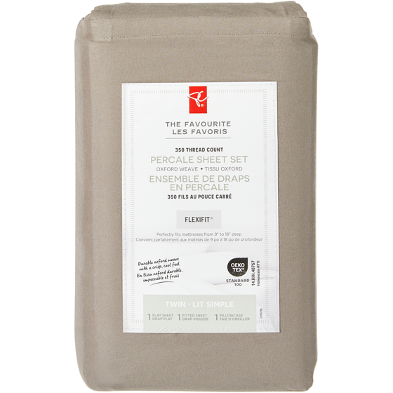 le Choix du Président Ensemble de draps 3 pièces en percale de coton pour lit simple – brume 1 ea, 50,00 $/1ch