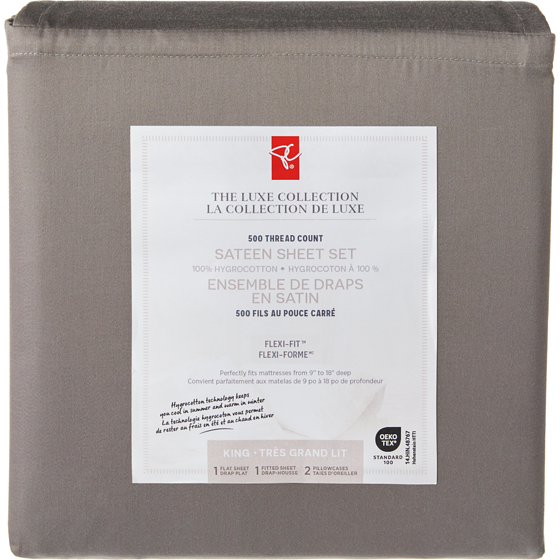 le Choix du Président Ensemble de draps 4 pièces en satin HygrocottonMD pour très grand lit – gris charbon 1 ea, 90,00 $/1ch