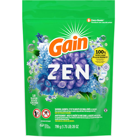 Gain Super Sized Flings Laundry Detergent Pacs, Zen, 3-in-1 Detergent Pacs with and Oxi, 18 Count 799 g, $1.63/100g