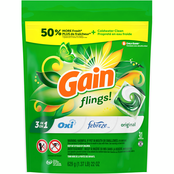 Gain flings Laundry Detergent Soap Pacs, HE Compatible, 31 Count, Long Lasting Scent, Original Scent 660 g, $2.12/100g