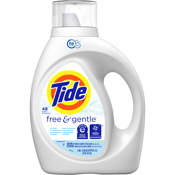 Tide Détergent à lessive liquide Free & Gentle High Efficiency, 48 brassées, 1,8 L (63 oz liq.) 1.86 l, 0,91 $/100ml