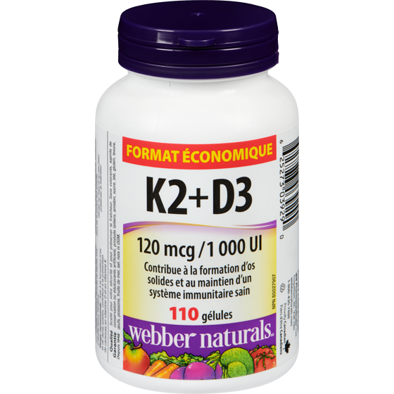Webber Naturals K2+d3 120 mcg /1 000 ui format économique 110 ea, 0,17 $/1ch
