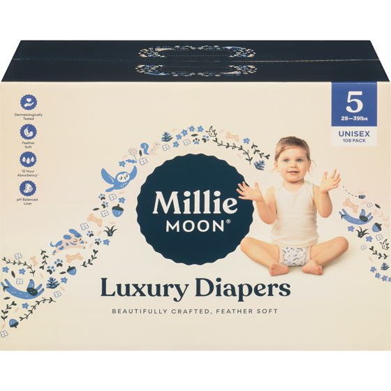 Millie Moon Luxury Diapers 5 28-39lbs Unisex 108 ea, $0.37/1ea