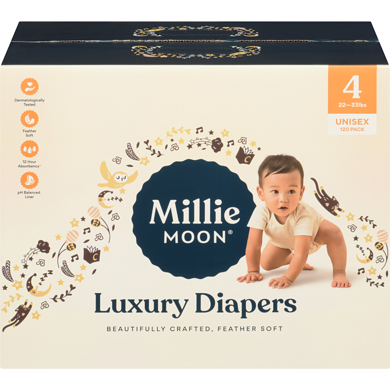 Millie Moon Luxury Diapers 4 22-33lbs Unisex 120 ea, $0.33/1ea