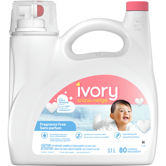 Ivory Snow Baby Unscented Liquid Laundry Detergent, 80 Count, Fragrance Free Hypoallergenic Detergent 3.1 l, $0.71/100ml