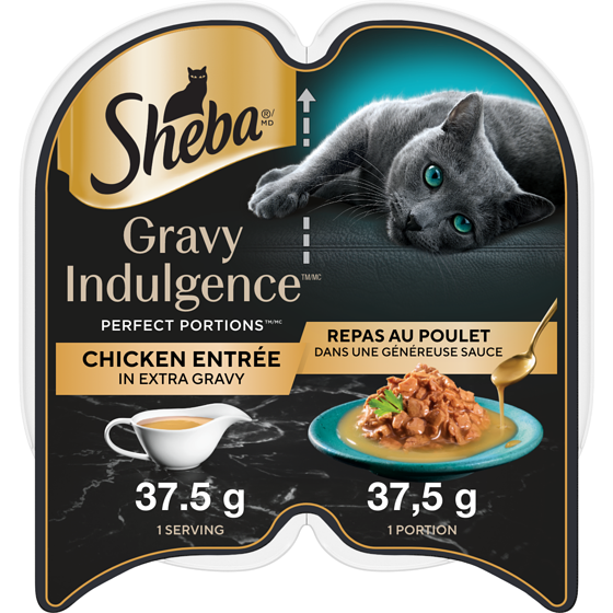 Sheba Nourriture humide pour chats adultes GRAVY INDULGENCE PERFECT PORTIONS repas au poulet dans une généreuse sauce 75 g, 2,12 $/100g