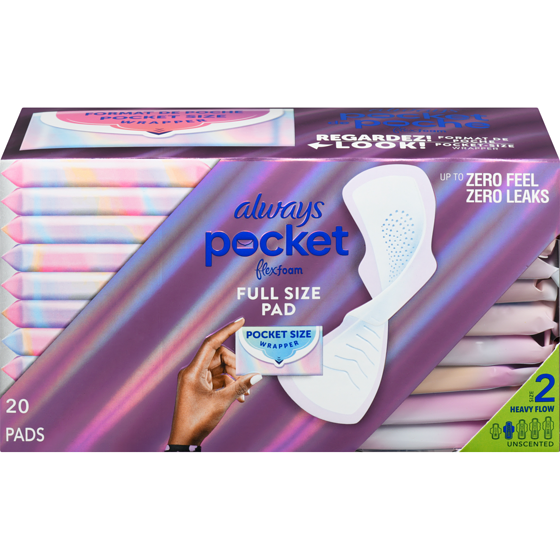 Always Pocket Feminine Pads with FlexFoam, Size 2, Heavy Flow, with Wings, Unscented, 20 Count 20 ea, $0.65/1ea