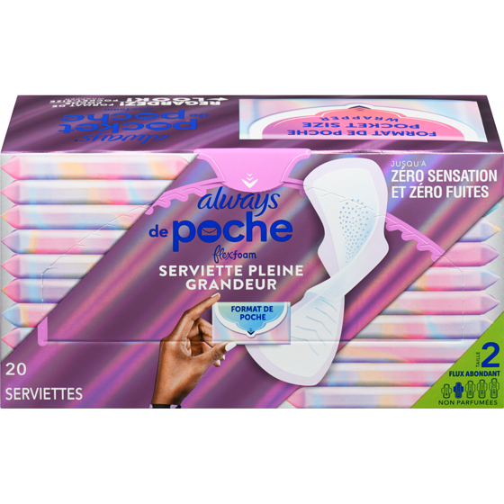 Always Serviettes Pocket, flux abondant, avec ailes, avec FlexFoam, taille 2, non parfumées, 20 serviettes 20 ea, 0,65 $/1ch