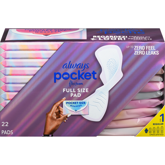 Always Pocket Feminine Pads with FlexFoam, Size 1, Regular, with Wings, Unscented, 22 Count 22 ea, $0.59/1ea
