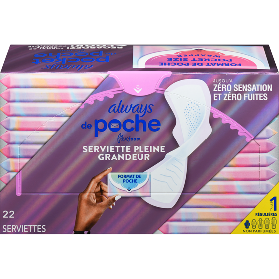 Always Serviettes Pocket, régulières, avec ailes, avec FlexFoam, taille 1, non parfumées, 22 serviettes 22 ea, 0,59 $/1ch