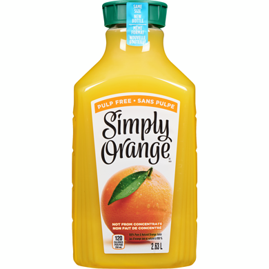 Simply Orange Juice Pulp Free 2.63 l, $0.25/100ml