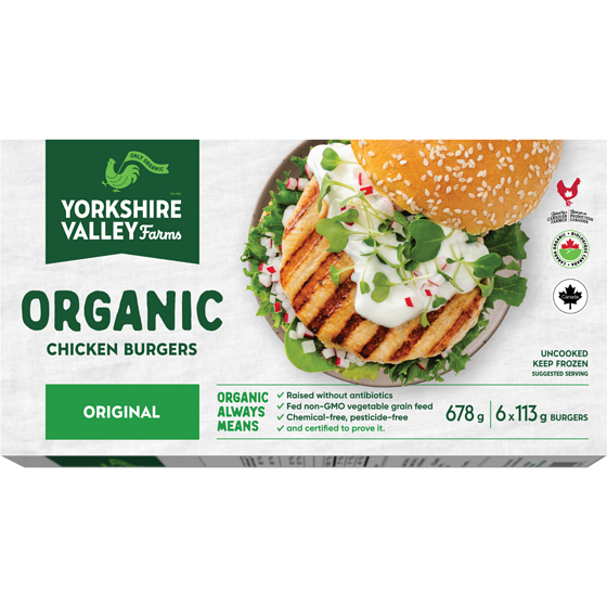 Yorkshire Valley Farms Organic Chicken Burgers – Original 0.678 kg, $3.39/100g