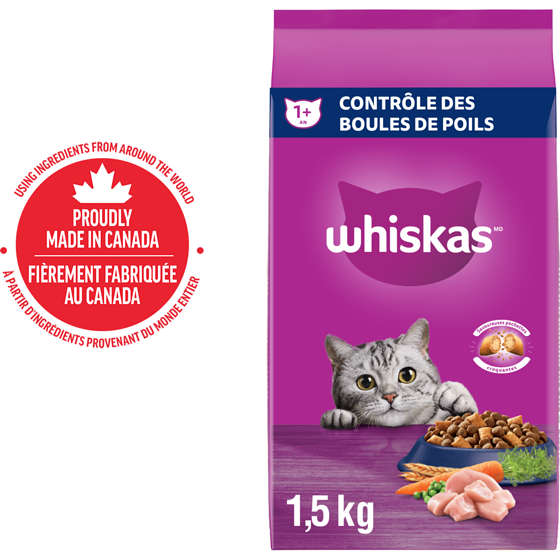 Whiskas Nourriture sèche pour chats adultes Whiskas Contrôle des boules de poils avec poulet véritable 1.5 kg, 0,73 $/100g