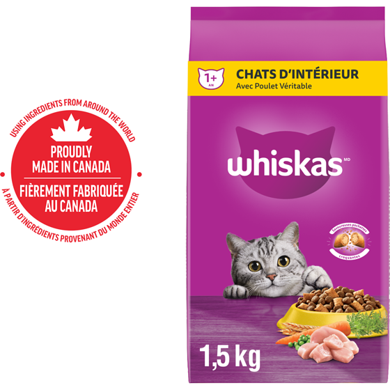 Whiskas Nourriture sèche pour chats d'intérieur avec poulet véritable 1.5 kg, 0,73 $/100g