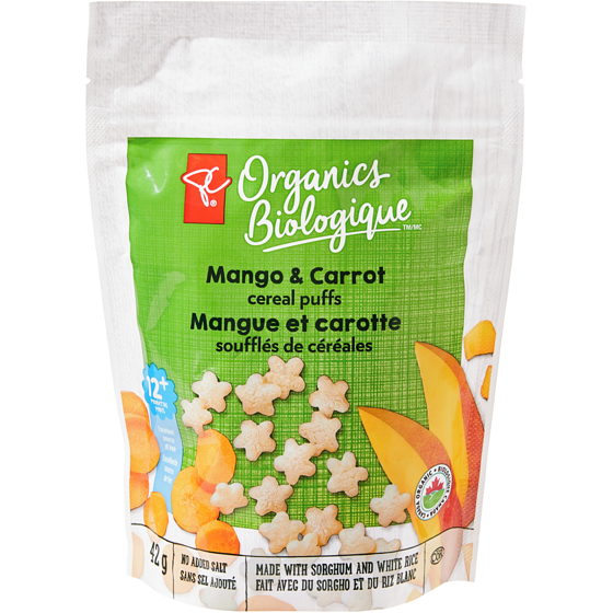 PC Organics Mango and Carrot Cereal Puffs 42 g, $7.12/100g