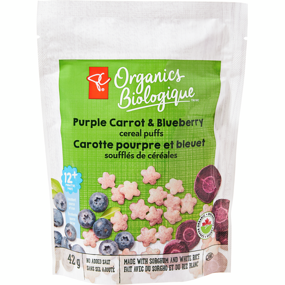 PC Organics Purple Carrot and Blueberry Cereal Puffs 42 g, $7.12/100g