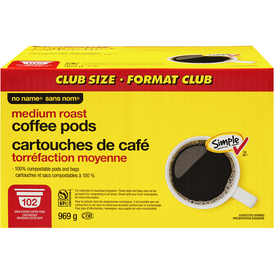 No Name Medium Roast Coffee Pods Club Size 102 ea, $0.40/1ea