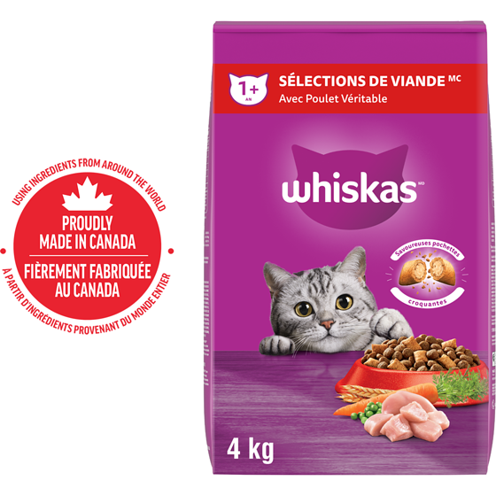 Whiskas Nourriture sèche pour chats Sélections de viande avec poulet véritable 4 kg, 0,50 $/100g