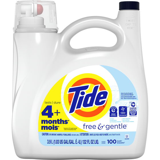 Tide Free & Gentle Liquid Laundry Detergent, 100 loads 3.9 l, $0.56/100ml