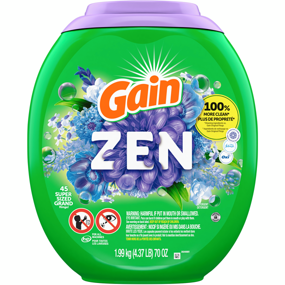 Gain Super Sized Flings Laundry Detergent Pacs, Zen, 3-in-1 Detergent Pacs with and Oxi, 45 Count 1.99 kg, $1.11/100g