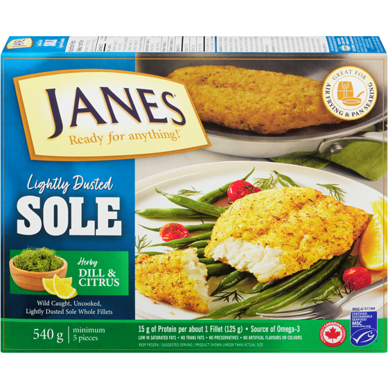 Janes Lightly Dusted Sole Herby Dill & Citrus 540 g, $2.78/100g