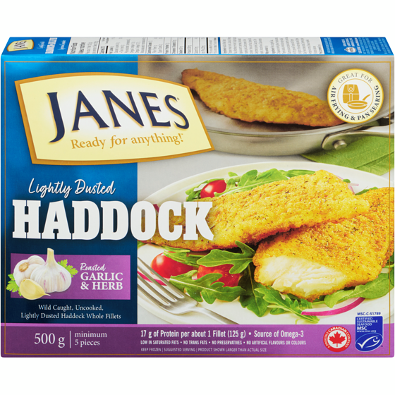 Janes Lightly Dusted Haddock Roasted Garlic & Herb 500 g, $3.00/100g