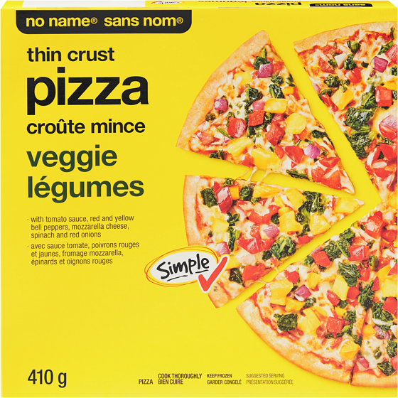 Sans Nom Pizza croûte mince aux légumes 410 g, 0,85 $/100g