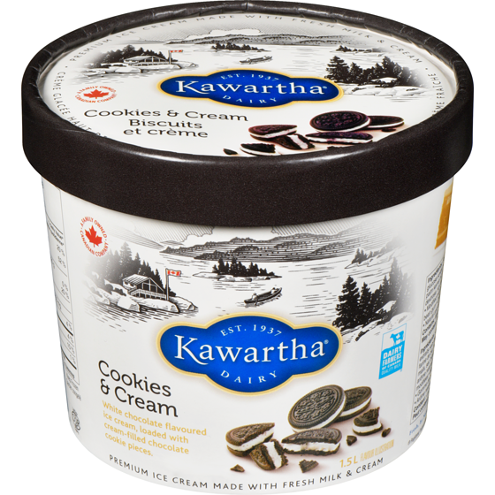 Kawartha Premium Ice Cream Made With Fresh Milk & Cream Cookies & Cream 1.5 l, $0.67/100ml
