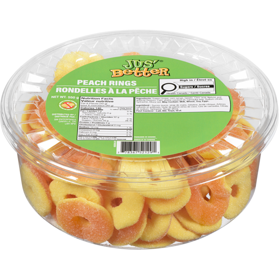 Jus' Better Peach Rings 550 g, $1.18/100g