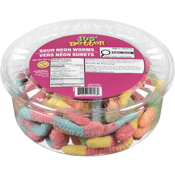 Jus' Better Sour Neon Worms 550 g, $1.18/100g
