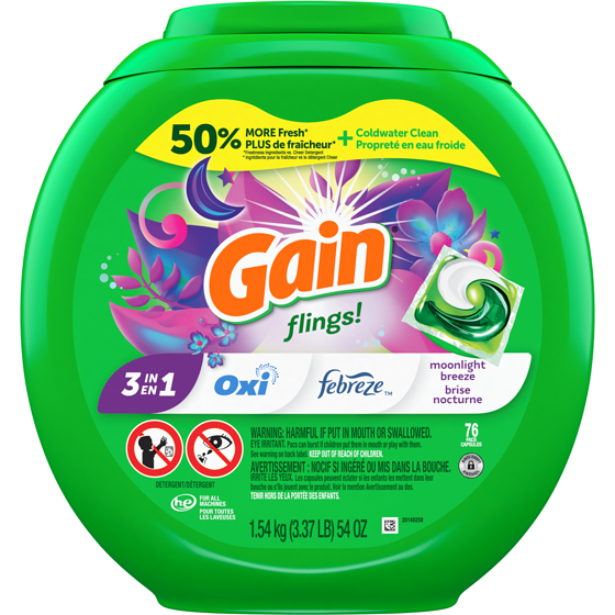 Gain flings Laundry Detergent Soap Pacs, HE Compatible, 76 ct, Long Lasting Scent, Moonlight Breeze 1.54 kg, $1.43/100g