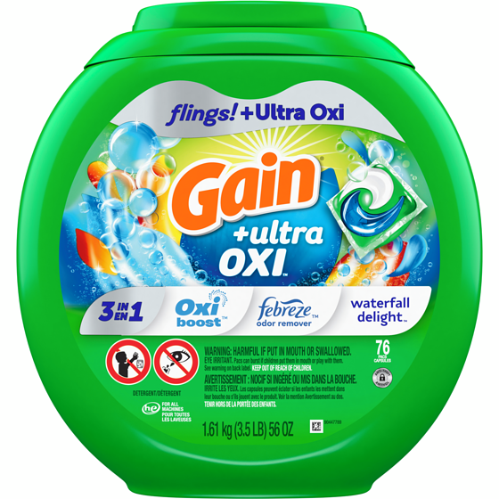 Gain Capsules de détergent à lessive flings Ultra Oxi, compatible avec les laveuses HE, 3 en 1, parfum vivifiante, 76 capsules 1.54 kg, 1,82 $/100g