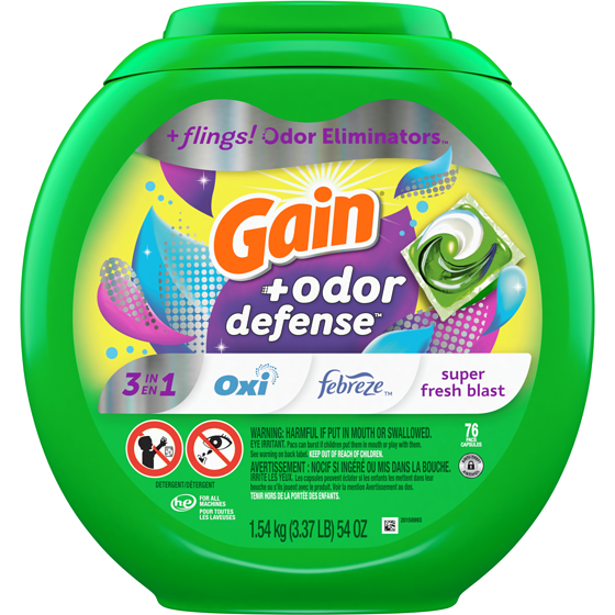 Gain flings Laundry Detergent Pacs with Odor Defense, HE Compatible, 76 Ct, 3in1 Detergent Pacs with and Oxi, Super Fresh Blast Scent 1.54 kg, $1.88/100g