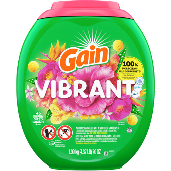 Gain Super Sized Flings Laundry Detergent Pacs, Vibrant, 3-in-1 Detergent Pacs with and Oxi, 45 Count 1.99 kg, $1.46/100g