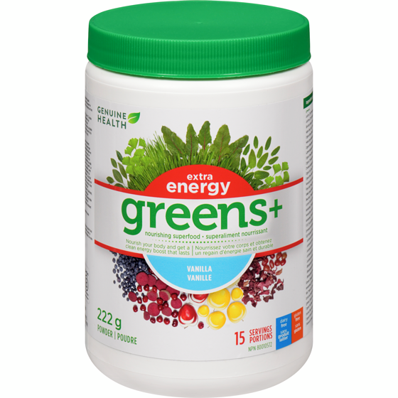 Genuine Health Superaliment nourrissant poudre extra energy greens+ vanille 222 g, 15,31 $/100g