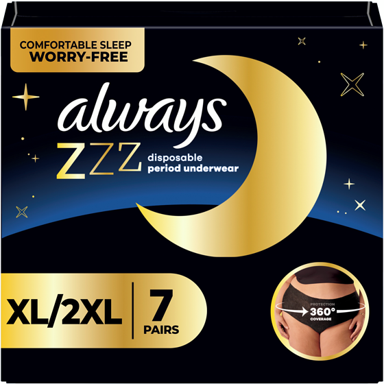 Always ZZZ Overnight Disposable Period Underwear for Women Sz XL-2XL, 360° Coverage for Worry-Free Nights, 7 Count 7 ea, $1.57/1ea