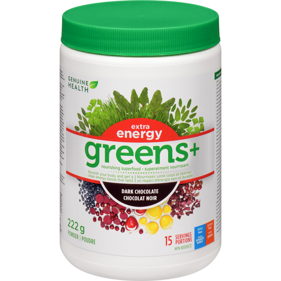 Genuine Health Superaliment nourrissant poudre extra energy greens+ chocolat noir 222 g, 15,31 $/100g