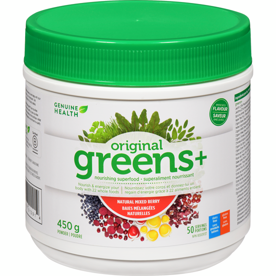 Genuine Health Superaliment nourrissant poudre original greens+ baies mélangées naturelles 450 g, 16,89 $/100g