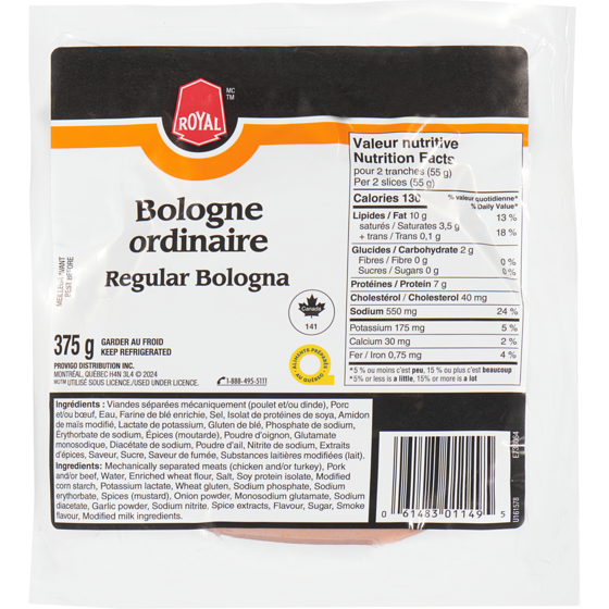 Royal Bologne ordinaire, en tranches 375 g, 1,20 $/100g