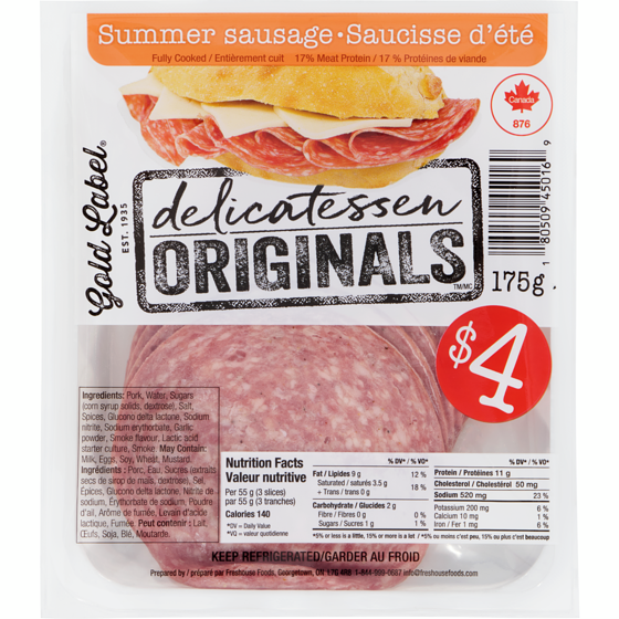 Gold Label Delicatessen Originals Summer Sausage 175 g, $2.29/100g