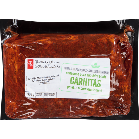 President's Choice Seasoned Pork Shoulder Blade Carnitas 900 g, $1.55/100g