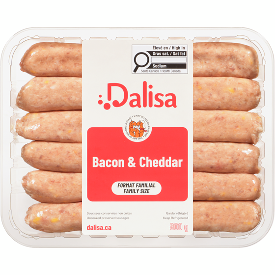 Dalisa Saucisses conservées non cuites bacon & cheddar format familial 900 g, 1,55 $/100g