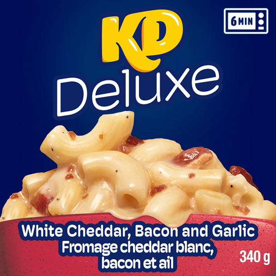 Kraft Kd Deluxe White Cheddar, Bacon And Garlic Macaroni And Cheese Frozen Dinner 340 g, $1.91/100g