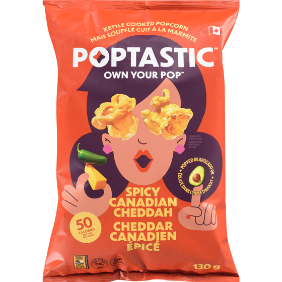 POPTASTIC Kettle Cooked Popcorn Spicy Canadian Cheddah 130 g, $4.07/100g