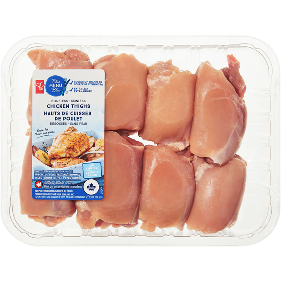 PC Menu Bleu Hauts de cuisses de poulet désossés sans peau 696 g, 1,72 $/100g