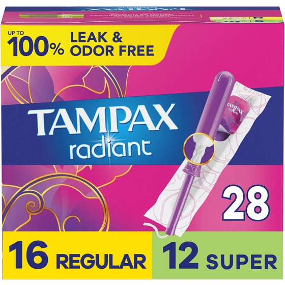 Tampax Radiant Tampons Multipack, with LeakGuard Braid, Regular/Super, 28 Count 28 ea, $0.39/1ea
