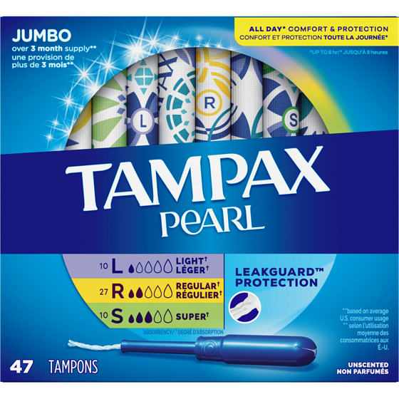 Tampax Pearl Tampons Trio Multipack, with LeakGuard Braid, Light/Regular/Super Absorbency, Unscented, 47 Count. 47 ea, $0.38/1ea