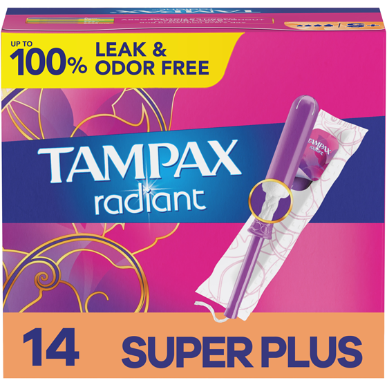 Tampax Radiant Tampons with LeakGuard Braid, Super Plus Absorbency, Unscented, 14 Count 14 ea, $0.36/1ea
